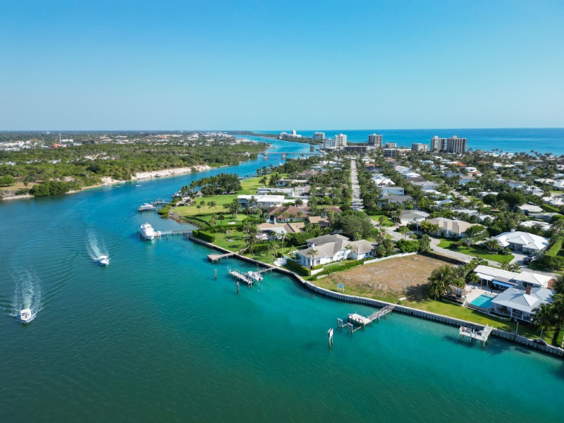 Aerial view of waterfront homes